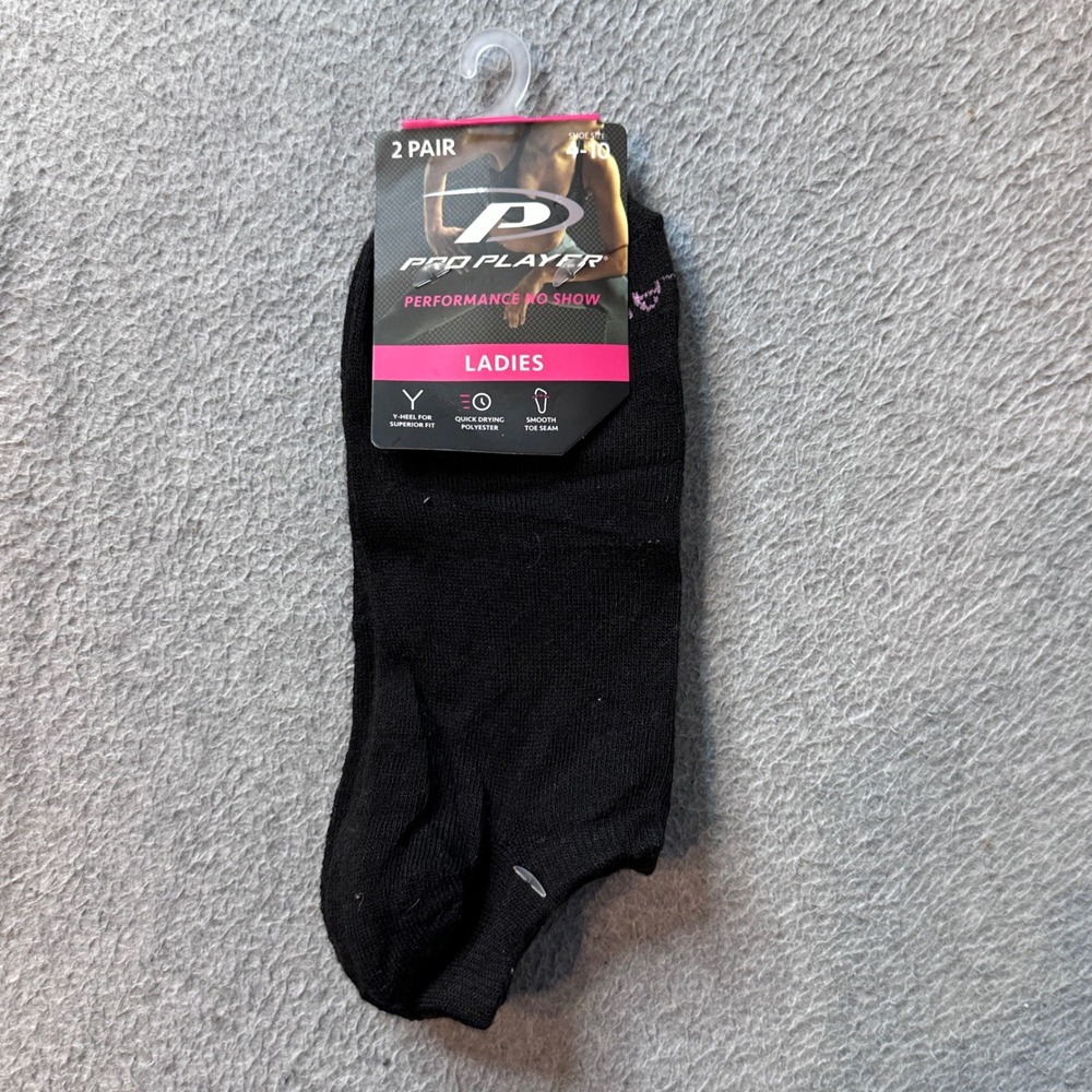 Pro Player Socks Ladies 4-10 Black Performance No Show 2 Pair Athletic Quick Dry